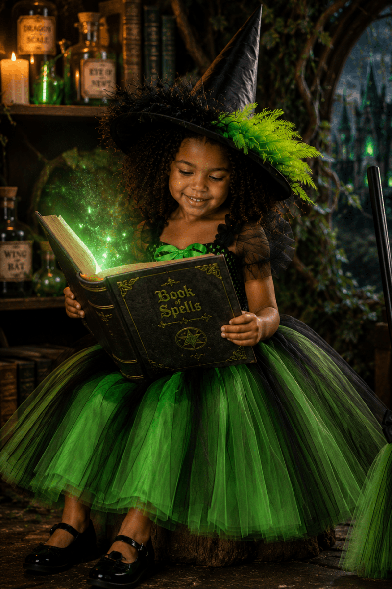 Elphaba's Emerald Enchantment Tutu Dress, Witch Hat & Wand Set