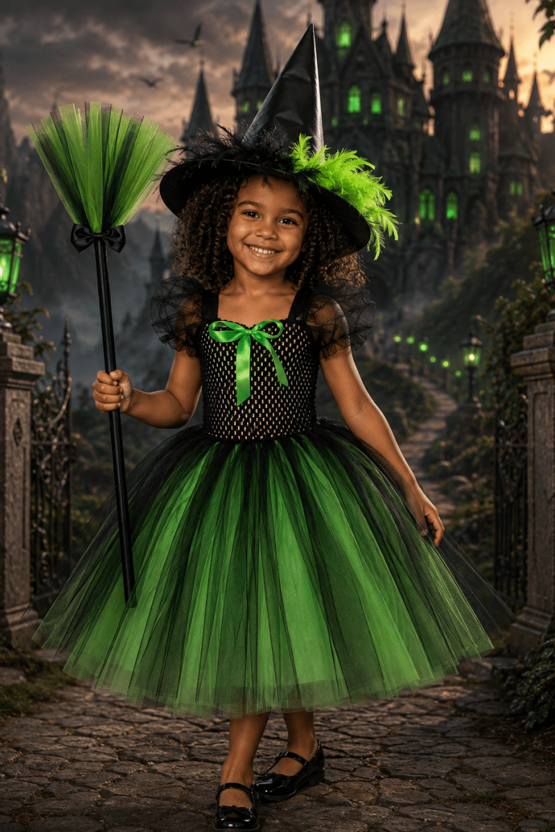 Elphaba's Emerald Enchantment Tutu Dress, Witch Hat & Wand Set