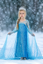 A young girl dressed as Elsa stands in a snowy outdoor setting wearing a sparkling blue gown with a matching tiara.
