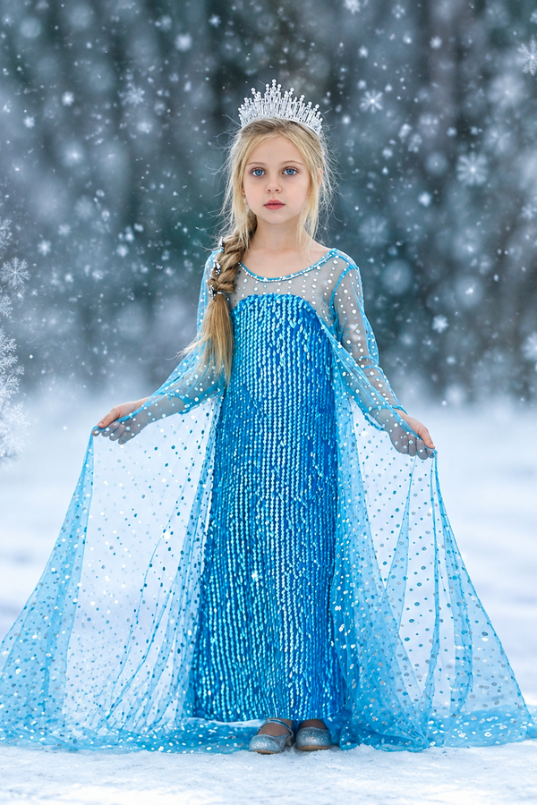 A young girl dressed as Elsa stands in a snowy outdoor setting wearing a sparkling blue gown with a matching tiara.
