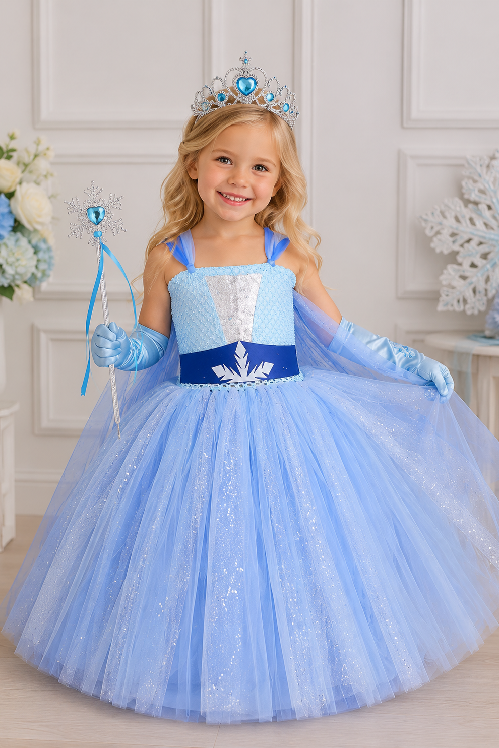 A young girl wearing a light blue and royal blue princess dress with a tiara, gloves, and a wand, standing in a decorated indoor room.