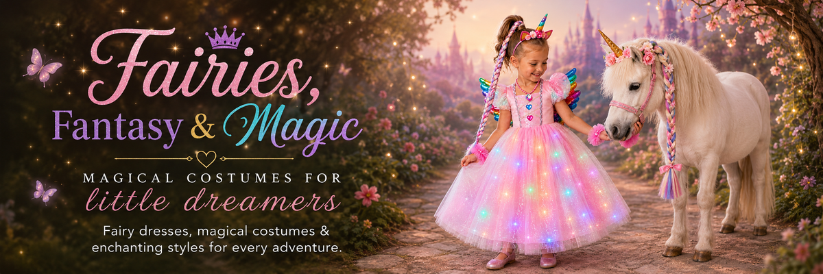 A promotional banner for 'Fairies, Fantasy & Magic' costumes, featuring a young girl in a glowing pink fairy dress standing next to a small unicorn in a magical forest setting.