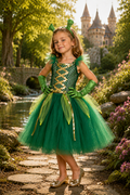 A young girl modeling a ogre-inspired costume in an outdoor garden setting with a stone bridge, water, and a castle in the background.