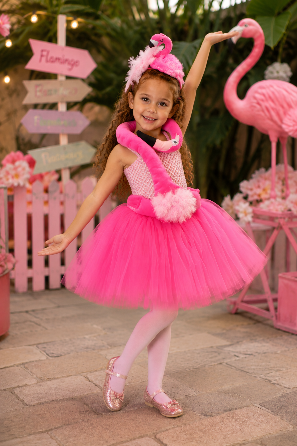 Girls pink flamingo tutu dress costume with flamingo headband and plush flamingo details