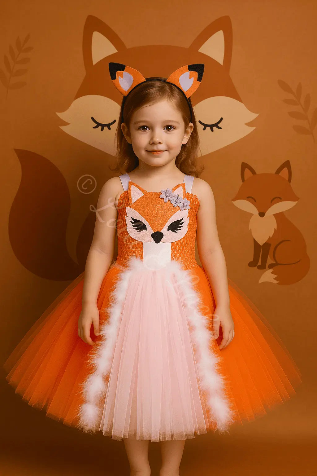 Girl wearing Foxy Fairytale Tutu Dress and fox ear headband with fluffy orange and pink tutu skirt for Halloween costume and dress-up play.