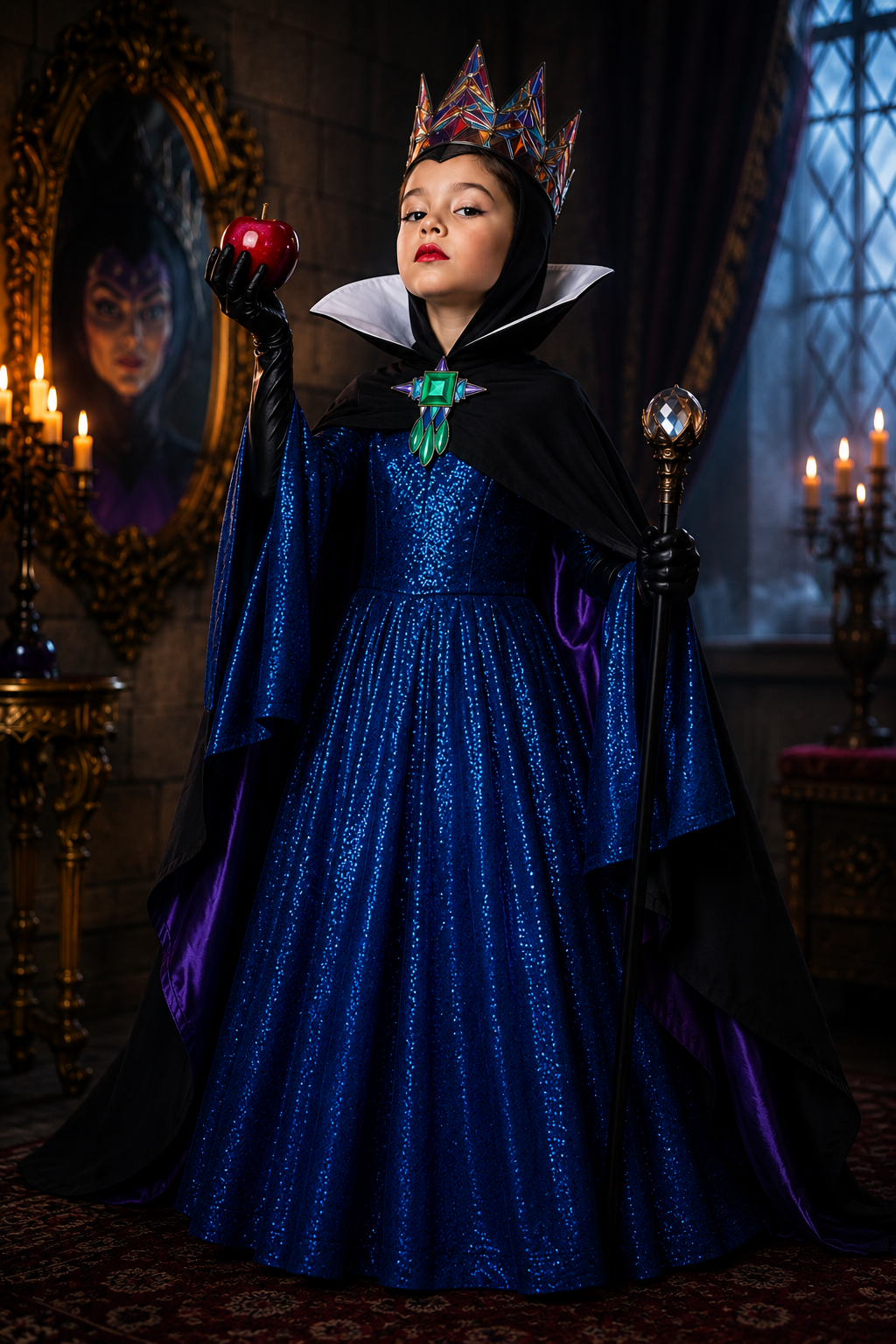 Evil Queen costume accessories with jeweled crown, black gloves, royal staff and red apple