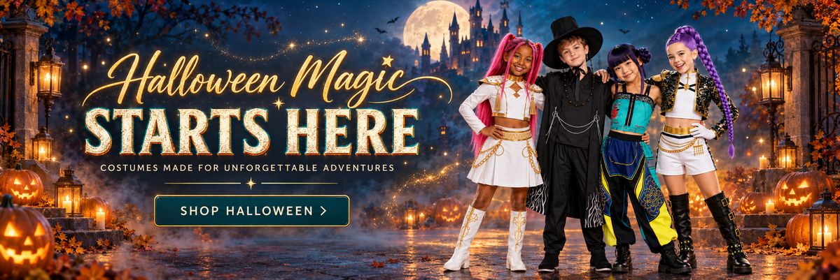 Halloween costume advertisement banner with four children modeling colorful costumes against a spooky castle night background. Large text reads 'Halloween Magic STARTS HERE' with a 'SHOP HALLOWEEN' button below.