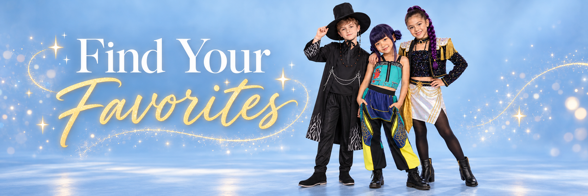 Three children in costume pose together on a blue stage-like background with the text 'Find Your Favorites' in large white and gold lettering.