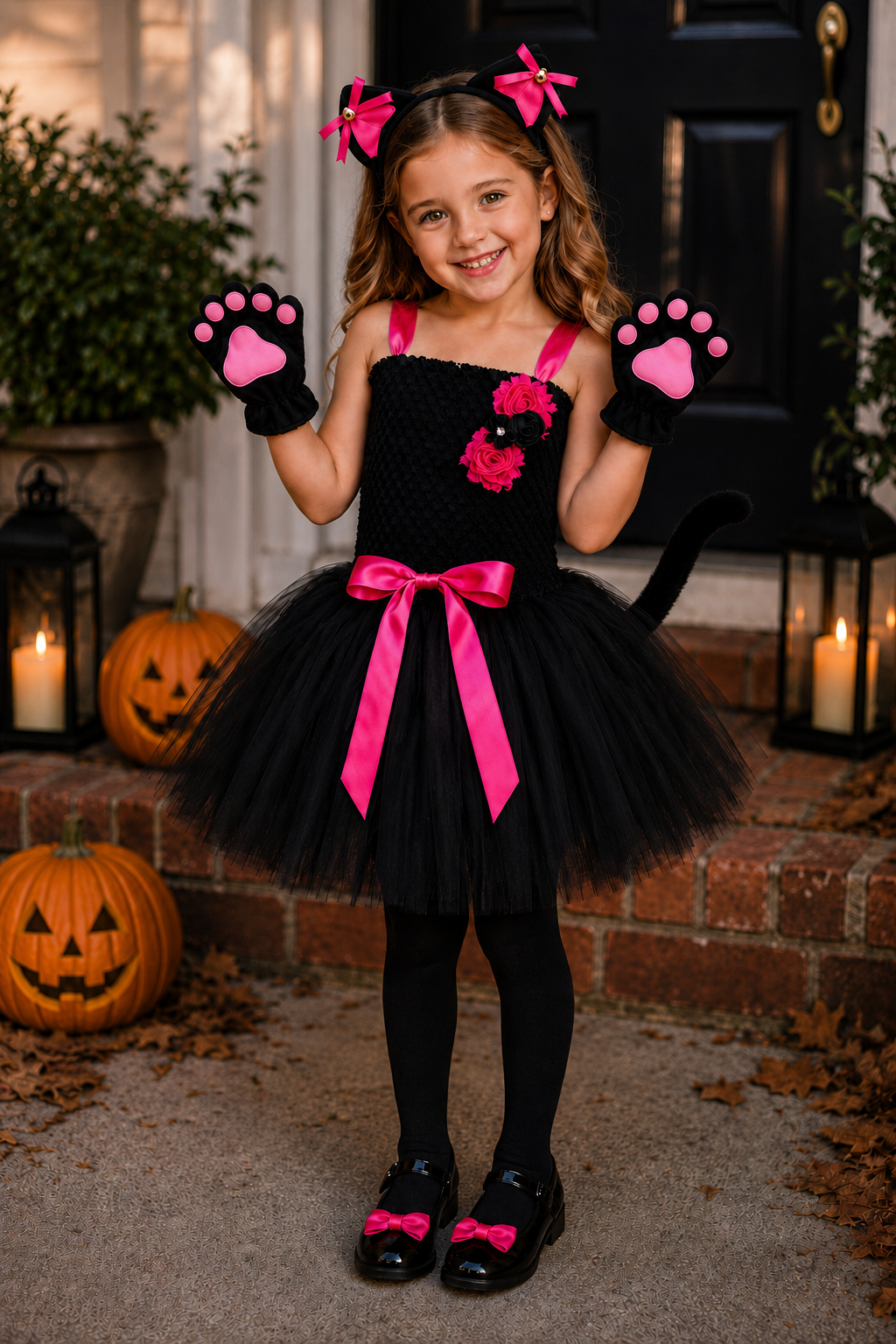 Pretty Kitty black cat tutu costume for girls with cat ears, bowtie, tail and paw gloves