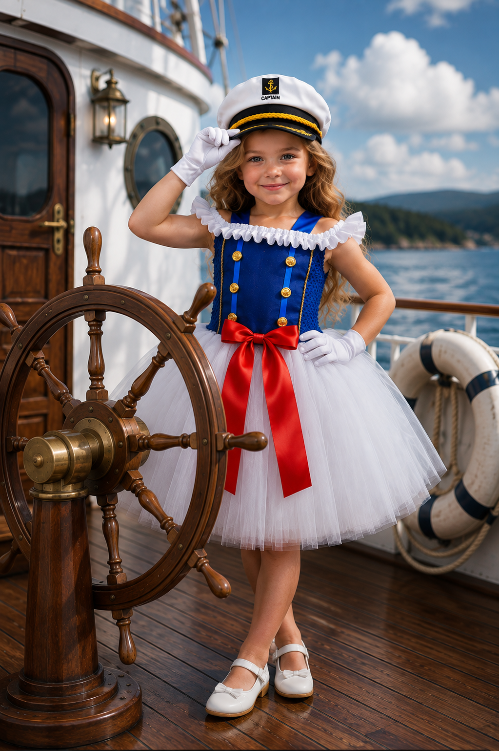 A young girl in a nautical-themed costume stands on a wooden ship deck next to a ship's wheel. The costume includes a white sailor hat with gold and black trim, a blue and gold corset-style top with a white ruffled collar, a white tulle skirt, and a red sash with a white bow.