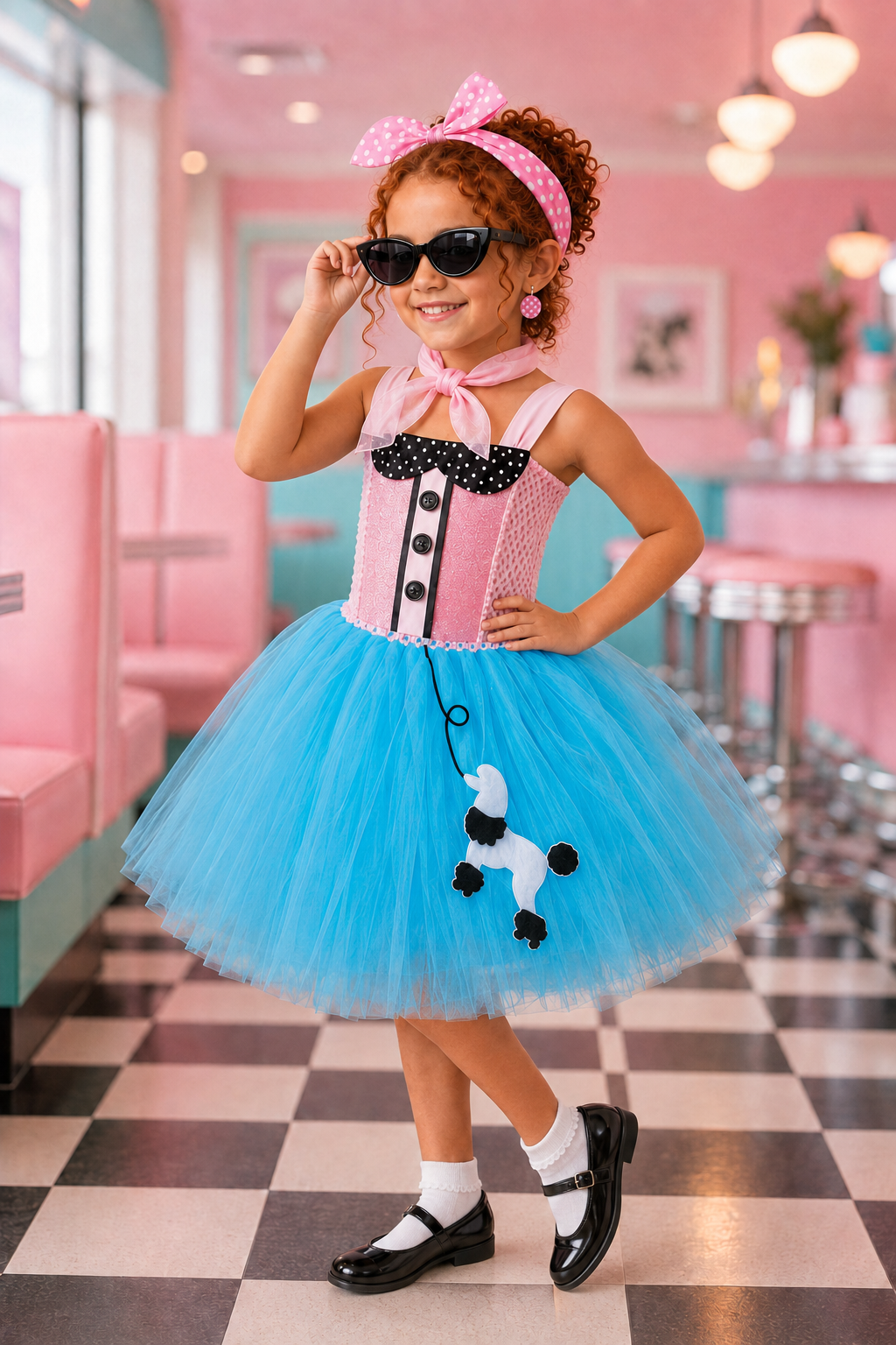 A young girl models a pink and blue poodle-themed costume in a retro-style pink diner. The costume features a pink corset top with black polka-dot trim and buttons, a bright blue tulle skirt with a black-and-white poodle applique, a pink bow headband, and black-and-white socks and shoes.