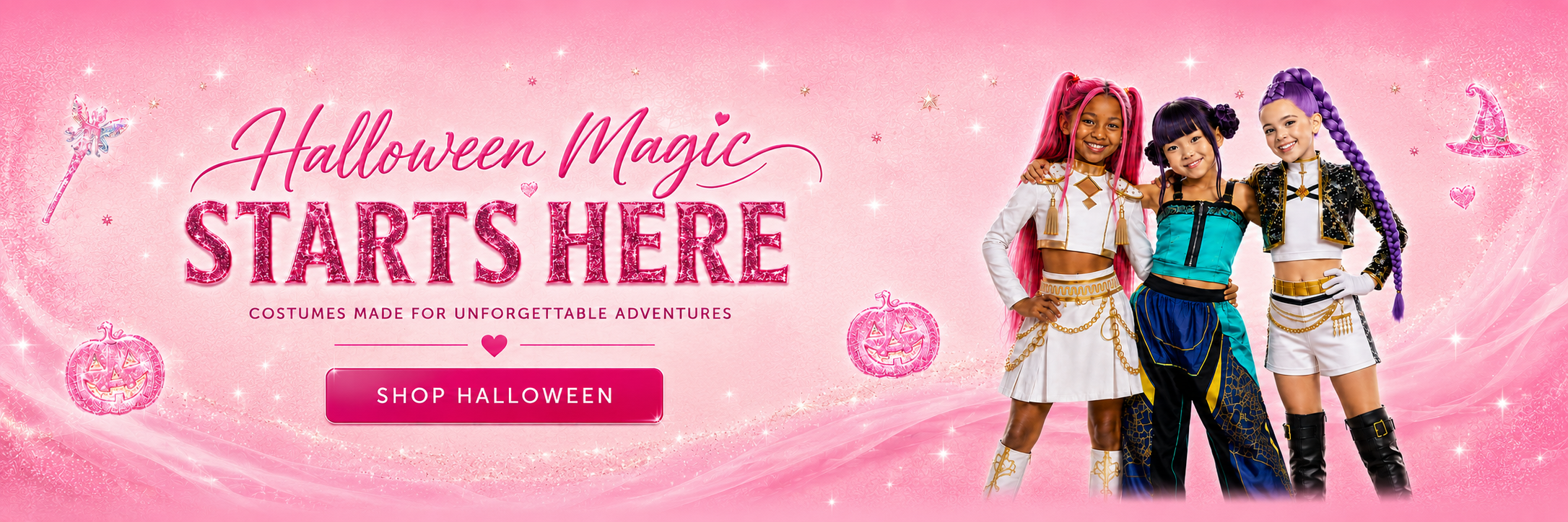 Promotional banner for Halloween costumes with the text 'Halloween Magic Starts Here' and 'Shop Halloween' on a pink glittery background, alongside three children modeling colorful costumes.