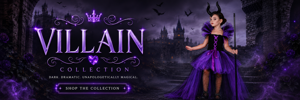 Promotional banner for the 'Villain Collection' featuring a woman in a purple and black Maleficent-style costume with a black horned headpiece, standing in front of a dark gothic castle under a purple sky. The left side features stylized purple text reading 'VILLAIN COLLECTION' with a 'SHOP THE COLLECTION' button below.