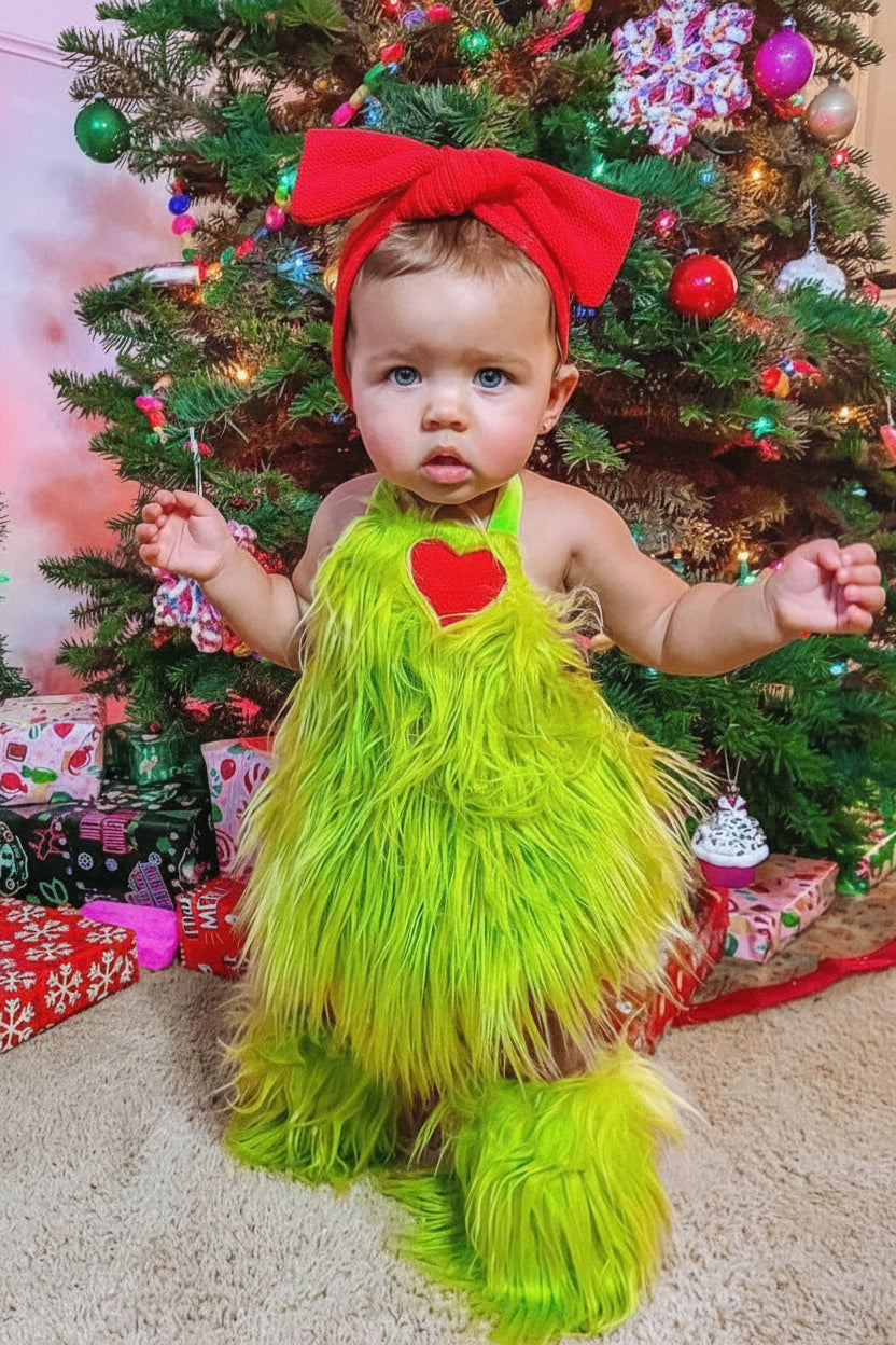 Grinchmas baby romper set with fuzzy green romper, red heart, matching leg warmers and red bow headband