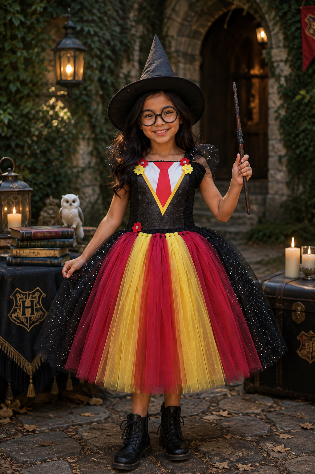 A young girl wearing a Harry Potter-inspired witch costume stands in a stone courtyard. The costume includes a black pointed hat, black bodice with a red and yellow tie detail, and a layered tulle skirt in red, yellow, and black.
