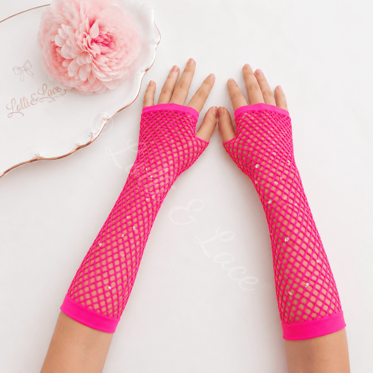 Hot Pink Sparkle Rhinestone Fishnet Fingerless Gloves for Girls