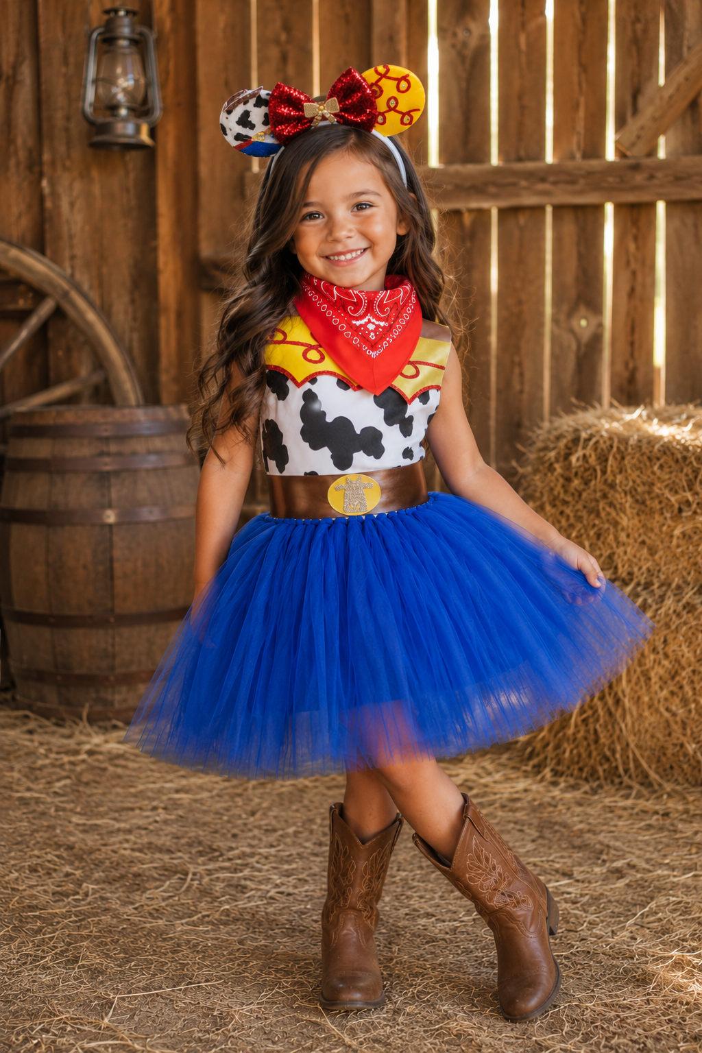 A young girl modeling a Woody-inspired cowboy costume in a barn setting. The costume features a cow-print bodysuit with a red bandana, a gold belt, a bright blue tutu skirt, and brown cowboy boots.