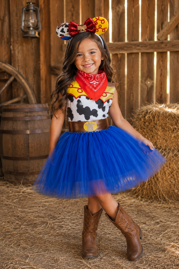 A young girl modeling a Woody-inspired cowboy costume in a barn setting. The costume features a cow-print bodysuit with a red bandana, a gold belt, a bright blue tutu skirt, and brown cowboy boots.
