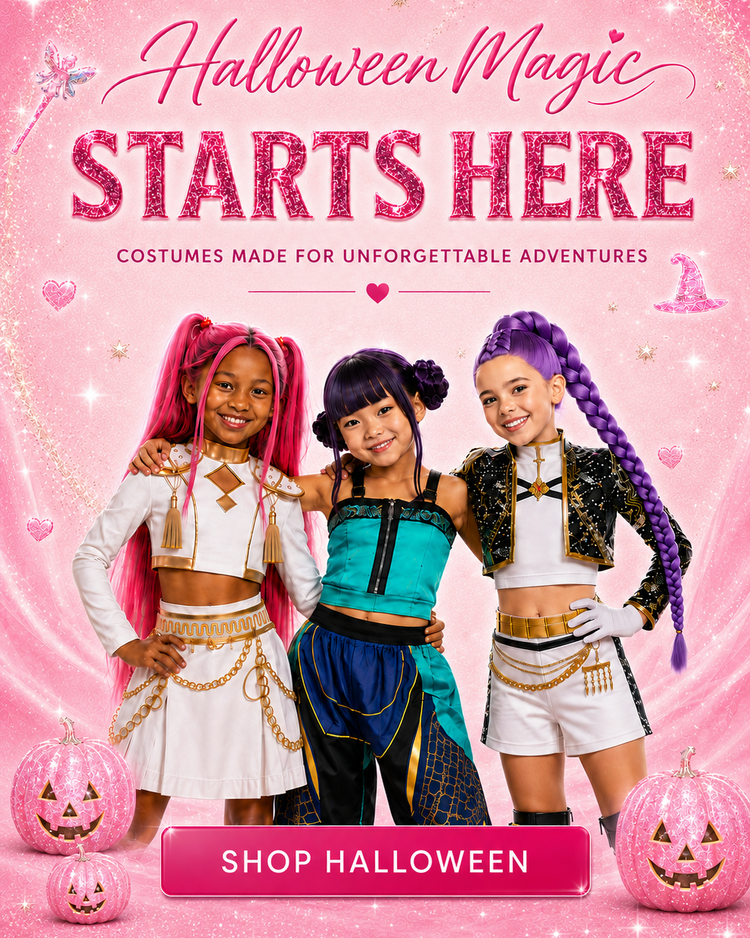 Promotional graphic for Halloween costumes featuring three young girls in colorful costume outfits against a pink glittery background with the text 'Halloween Magic STARTS HERE' and a 'SHOP HALLOWEEN' button.