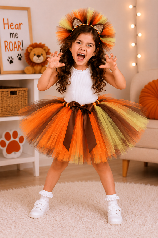A young girl wearing a lion costume with a white top, a brown and orange tulle tutu skirt, and a matching lion headband, posing excitedly in a child's room.