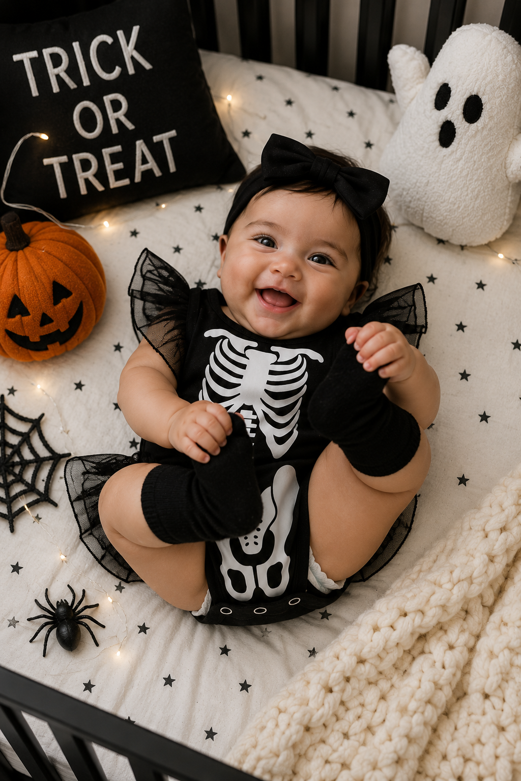 Little Bones black skeleton Halloween romper for baby with white bone print, ruffle straps and black tulle skirt