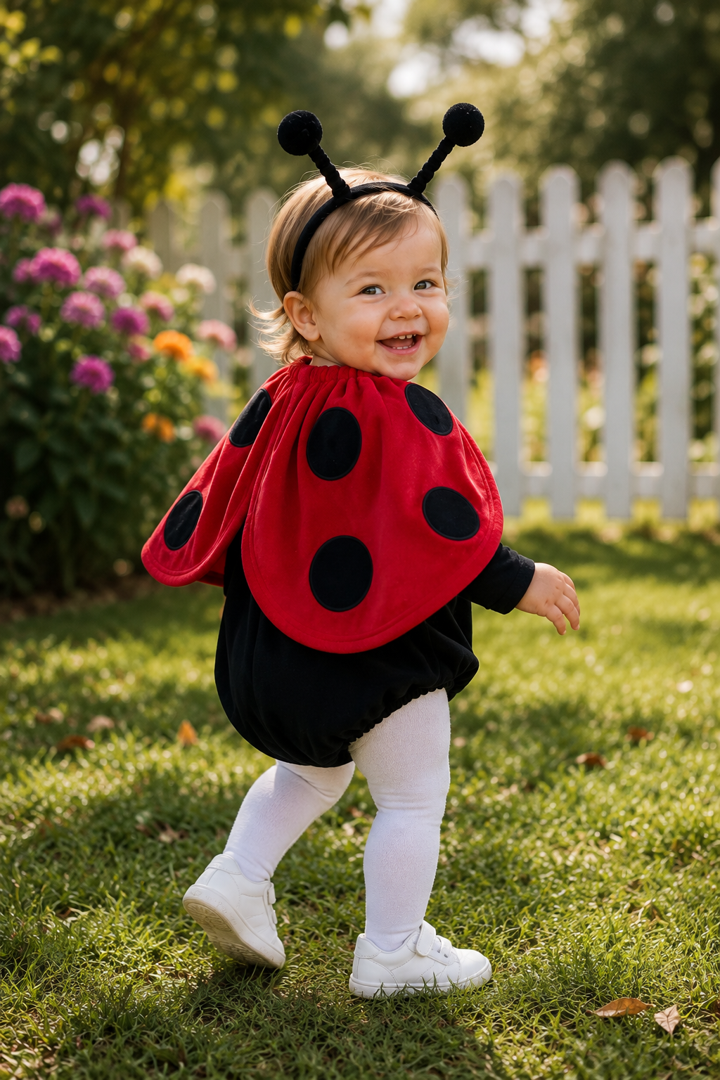 Little Ladybug Love baby costume with black romper red spotted cape and antenna headband