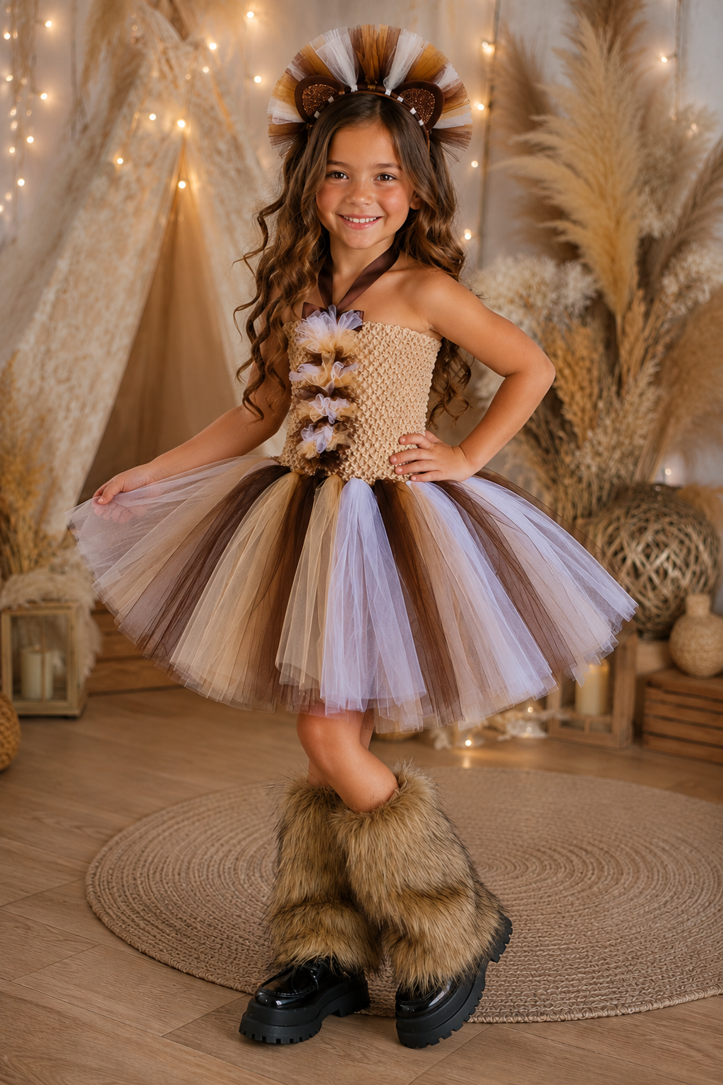 Little Lioness Safari brown lion tutu dress and lion ear headband costume set for girls