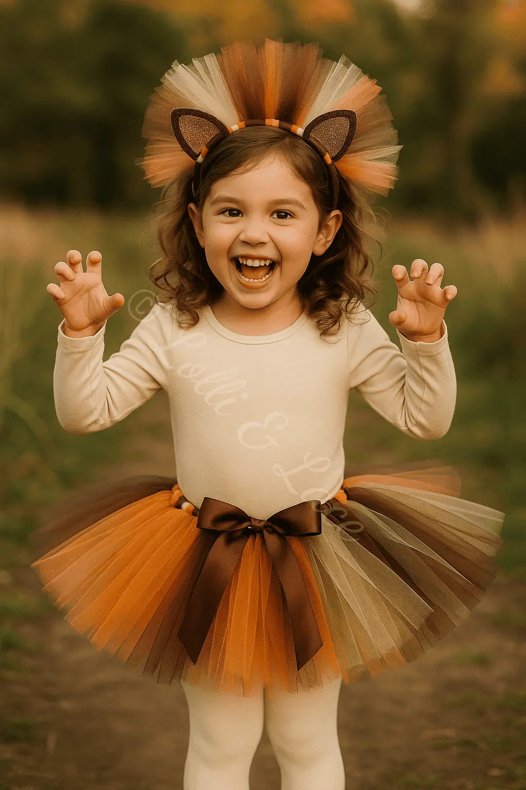 Little girl wearing the Little Lionheart Tutu & Headband Set featuring a lion-inspired tutu skirt, lion ears headband, and safari-themed costume accessories.