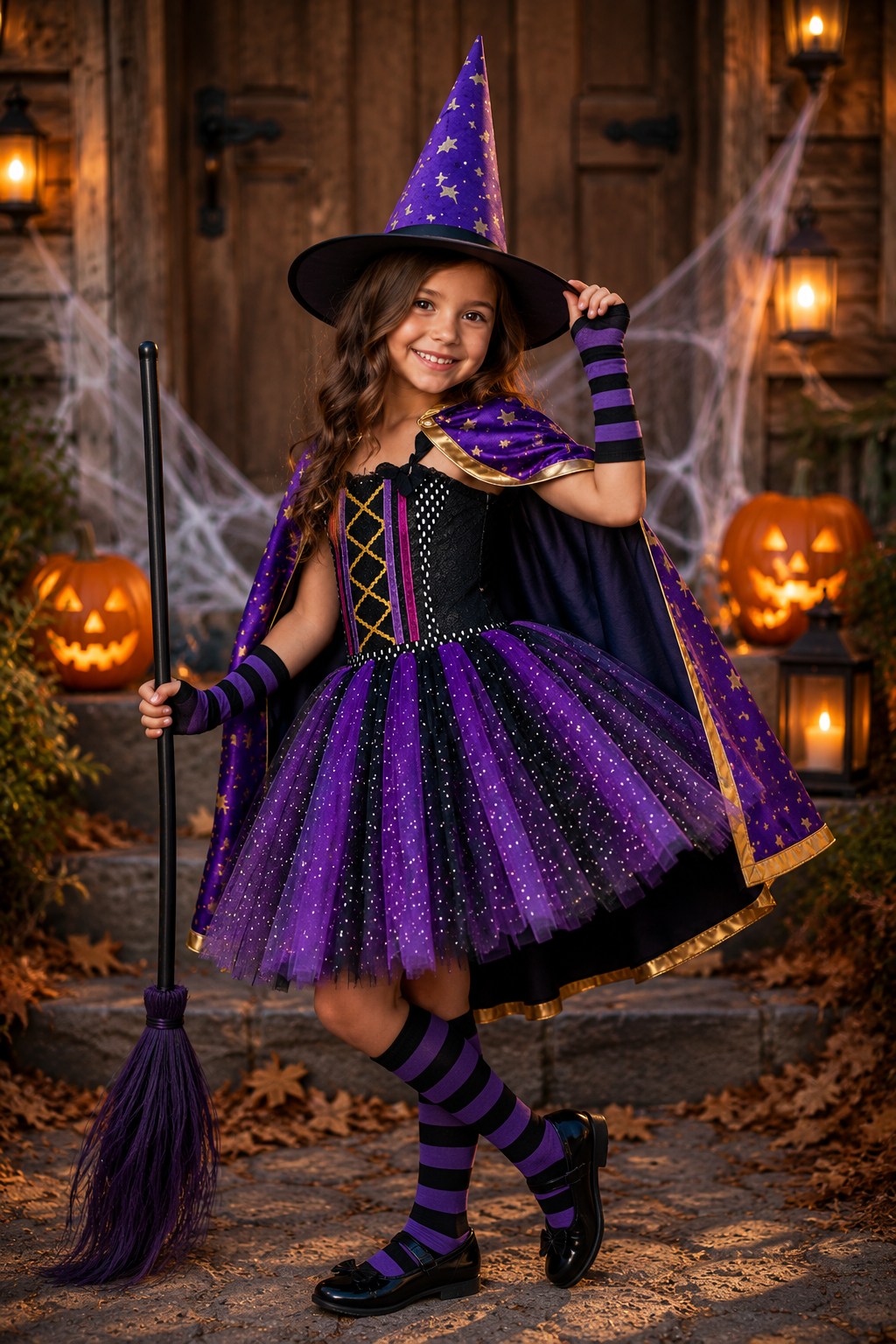 A young girl wearing a purple and black witch costume stands on outdoor stone steps decorated with cobwebs, jack-o'-lanterns, and lanterns. She holds a purple broom and wears a pointed purple hat, black-and-purple striped socks, and black shoes.