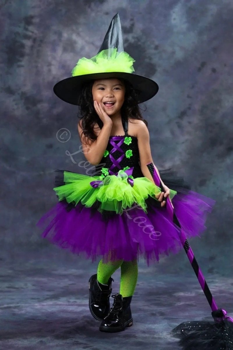 Midnight Magic Witch Tutu Dress, Hat & Broom Costume Set