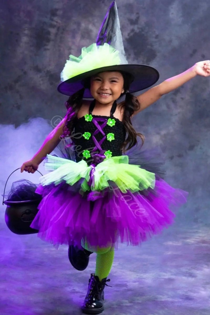 Midnight Magic Witch Tutu Dress, Hat & Broom Costume Set