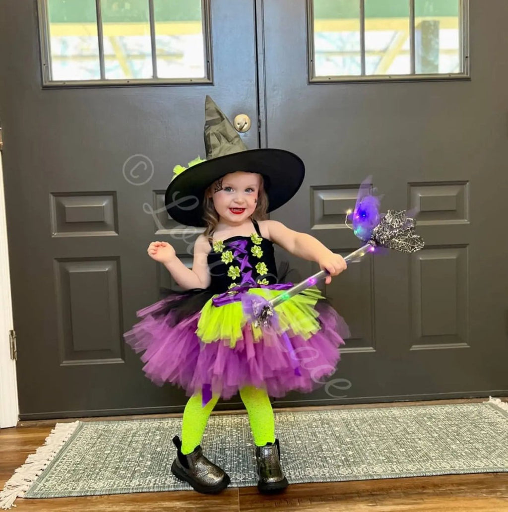 Midnight Magic Witch Tutu Dress, Hat & Broom Costume Set