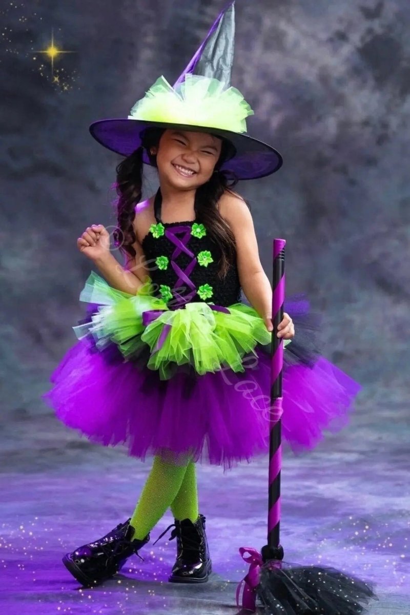 Midnight Magic Witch Tutu Dress, Hat & Broom Costume Set