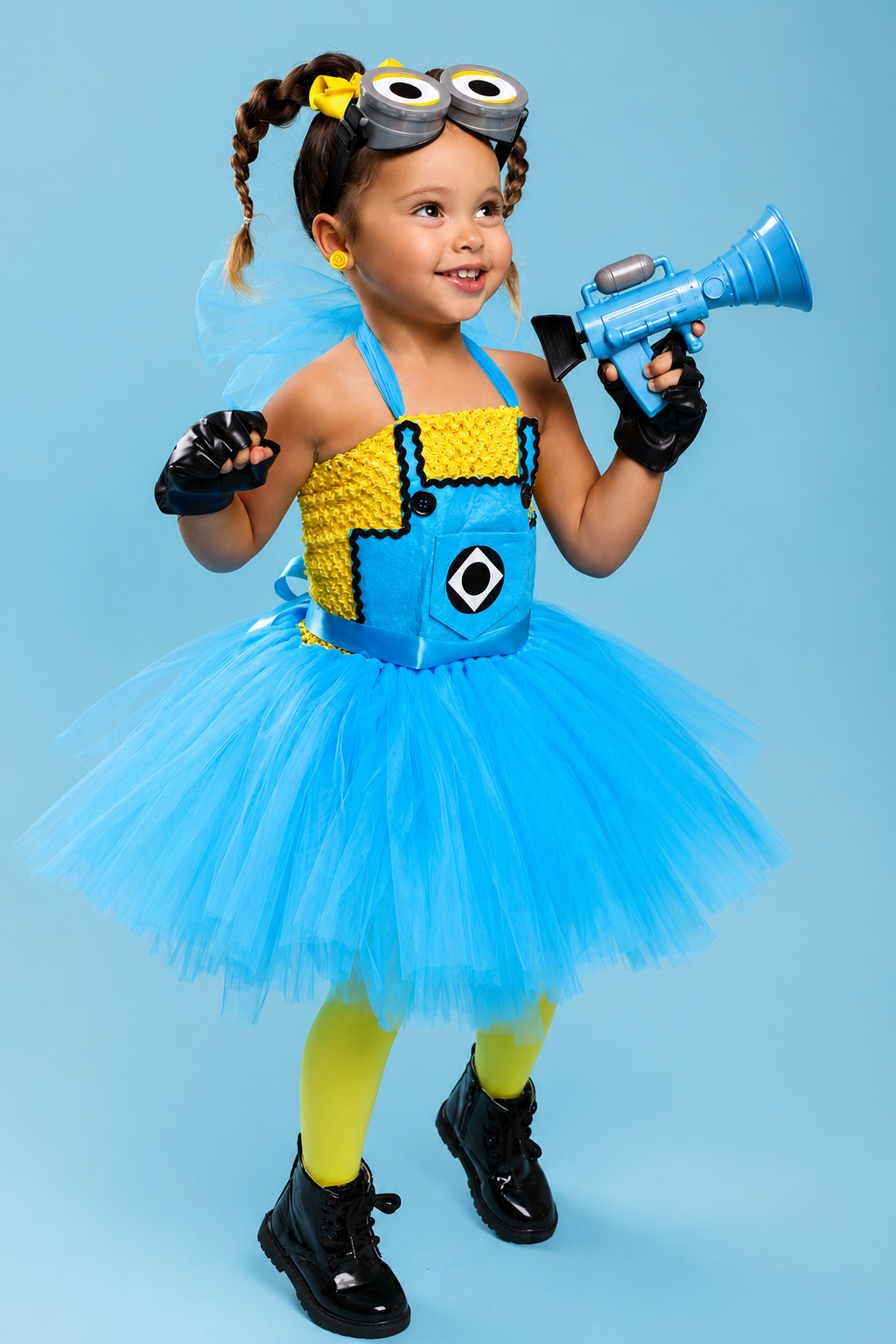 A young girl modeling a Minions costume against a solid light blue background. The costume features a bright blue tutu skirt, a yellow and blue vest with a Minions logo, yellow tights, black shoes, and a Minions headband with goggles.