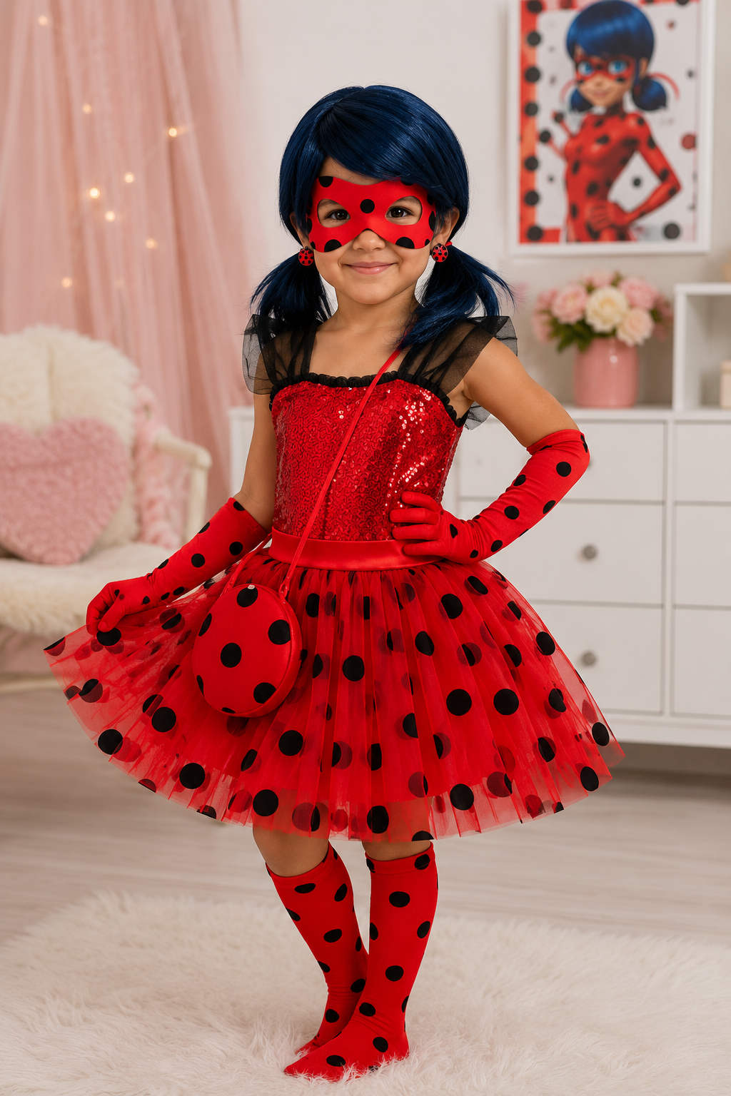 Miraculous Ladybug inspired superhero tutu dress costume set for girls with mask, wig, gloves, socks and accessories