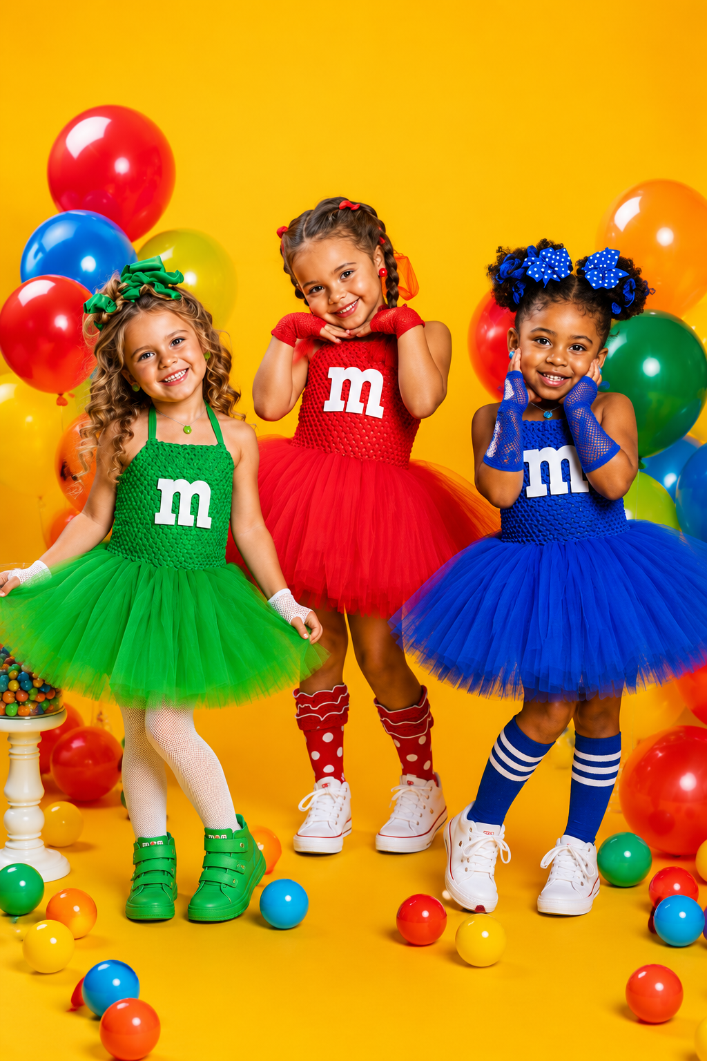 Three young girls modeling colorful M&M-themed tutu dresses in green, red, and blue, standing on a bright yellow background with balloons and candy balls.