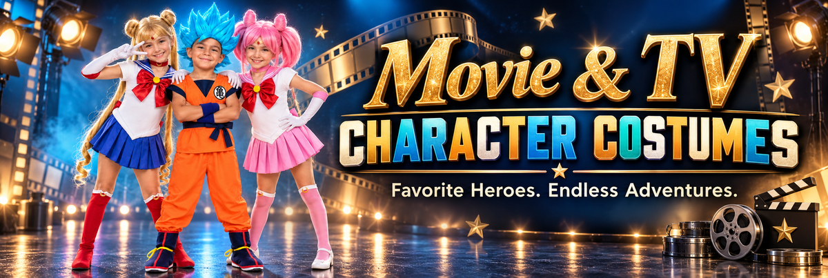 Promotional banner for movie and TV character costumes, showing three children dressed as anime-style characters on a stage-like set with large text reading 'Movie & TV Character Costumes' and the tagline 'Favorite Heroes. Endless Adventures.