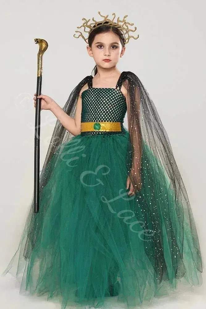 Mystic Medusa Goddess Costume Dress Set for Girls – Snake Crown, Cape & Staff