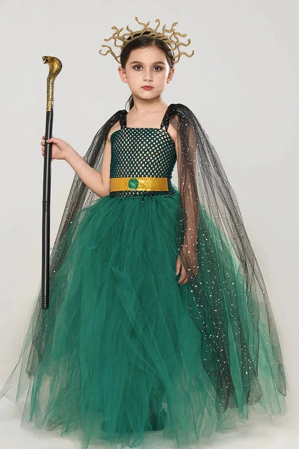 Mystic Medusa Goddess Costume Dress Set for Girls – Snake Crown, Cape & Staff