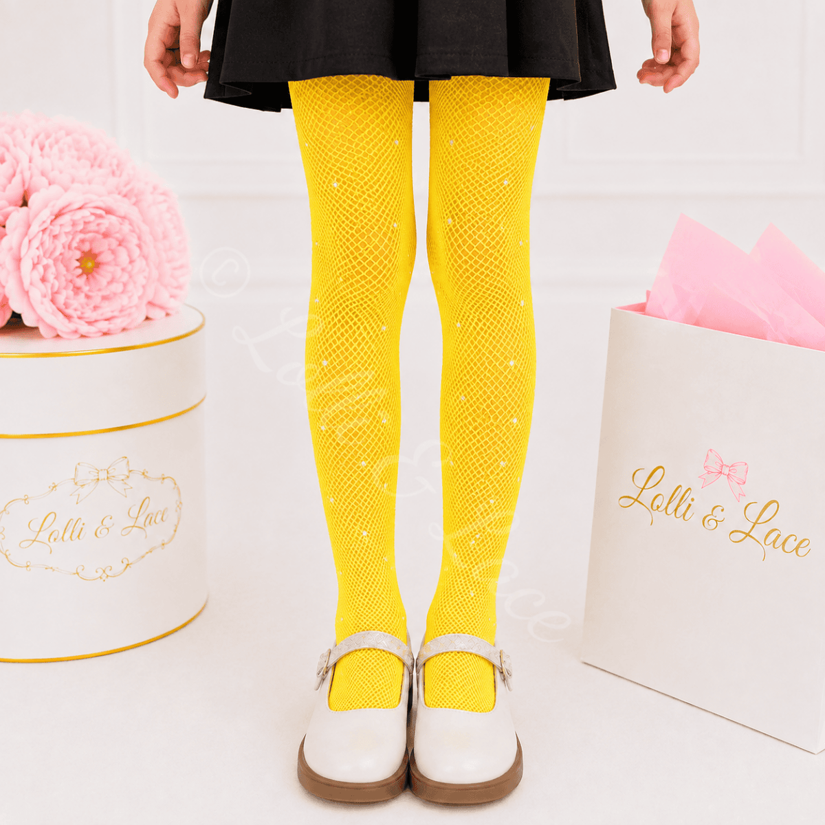 Neon Yellow Sparkle Rhinestone Fishnet Tights for Girls