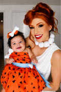 Pebbles inspired prehistoric dress and bow costume set for babies and girls with bone accents and blue sash