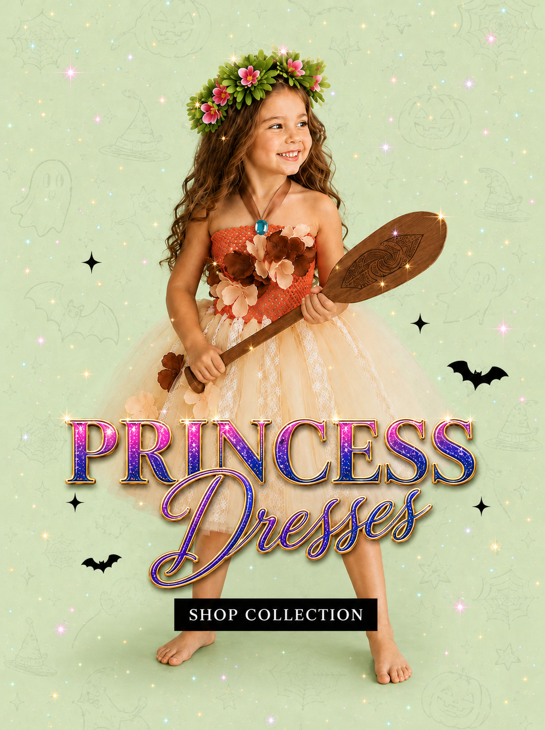 A young girl modeling a princess dress costume, holding a wooden spoon prop, set against a light green background with decorative text reading 'PRINCESS Dresses SHOP COLLECTION'.