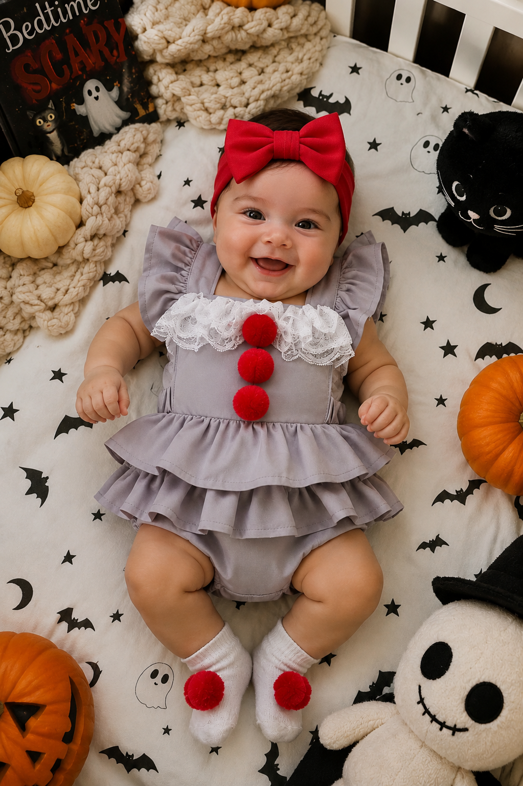 Pennywise inspired baby Halloween romper with gray ruffles, white lace collar and red pom pom details