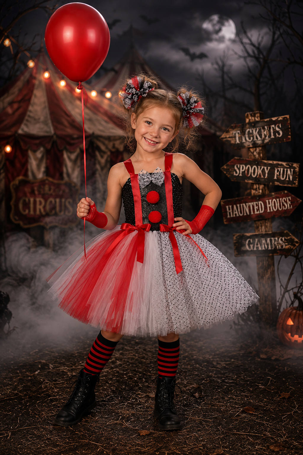 A young girl in a Halloween clown costume stands in a spooky circus-themed setting holding a red balloon. The costume features a black and white polka-dot bodice with red polka dots and red straps, a red and white polka-dot tutu skirt, red arm warmers, and red-and-black striped socks.