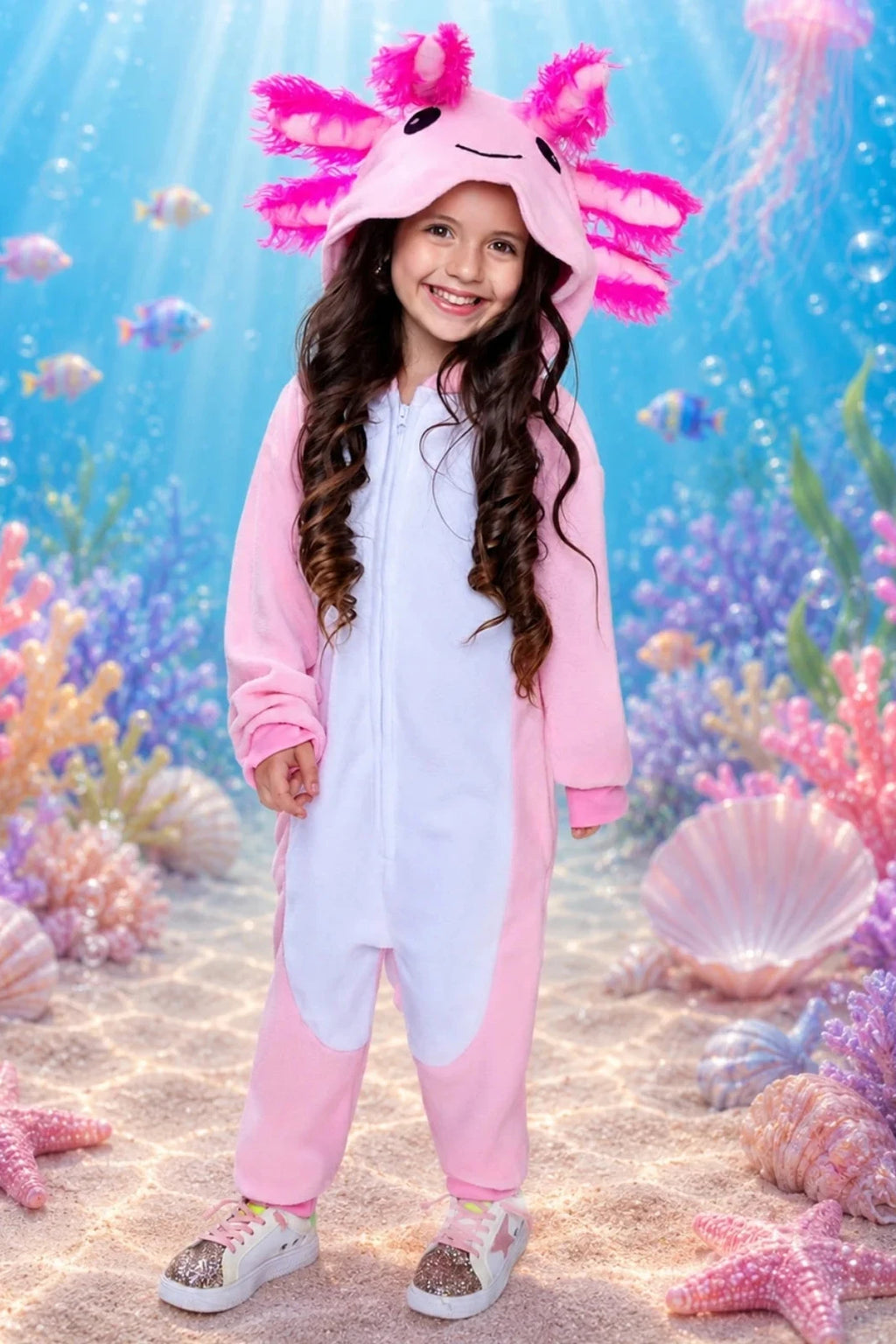 Girl wearing a pink axolotl hooded onesie costume with cute gills, perfect for Halloween, cosplay, pajamas, dress up, and themed parties.