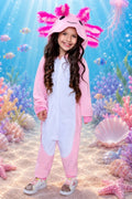 Girl wearing a pink axolotl hooded onesie costume with cute gills, perfect for Halloween, cosplay, pajamas, dress up, and themed parties.