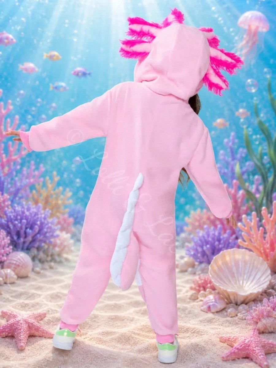 Pink Axolotl Hooded Costume for Kids & Adults – Cozy Animal Onesie Halloween Outfit