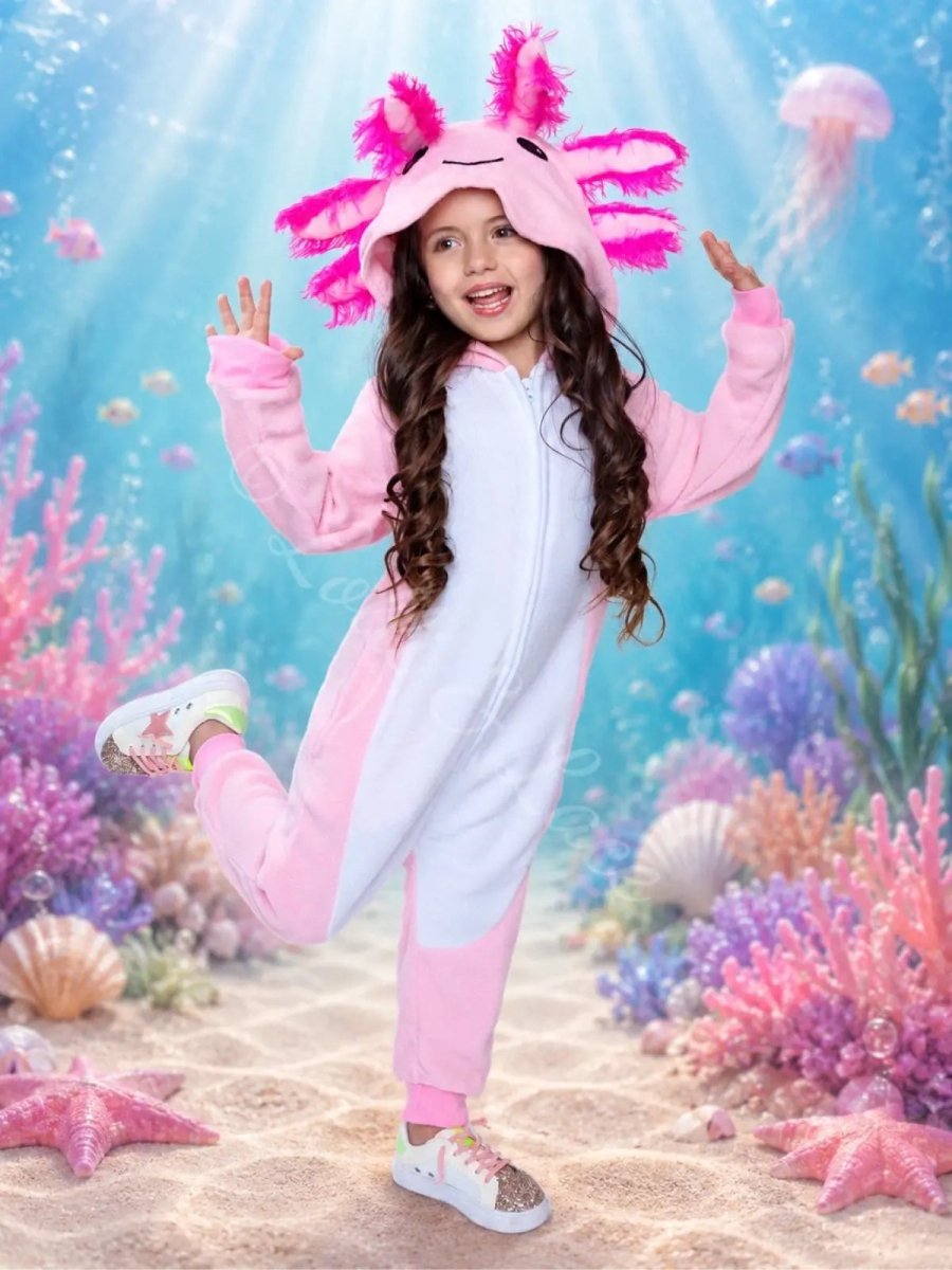 Pink Axolotl Hooded Costume for Kids & Adults – Cozy Animal Onesie Halloween Outfit