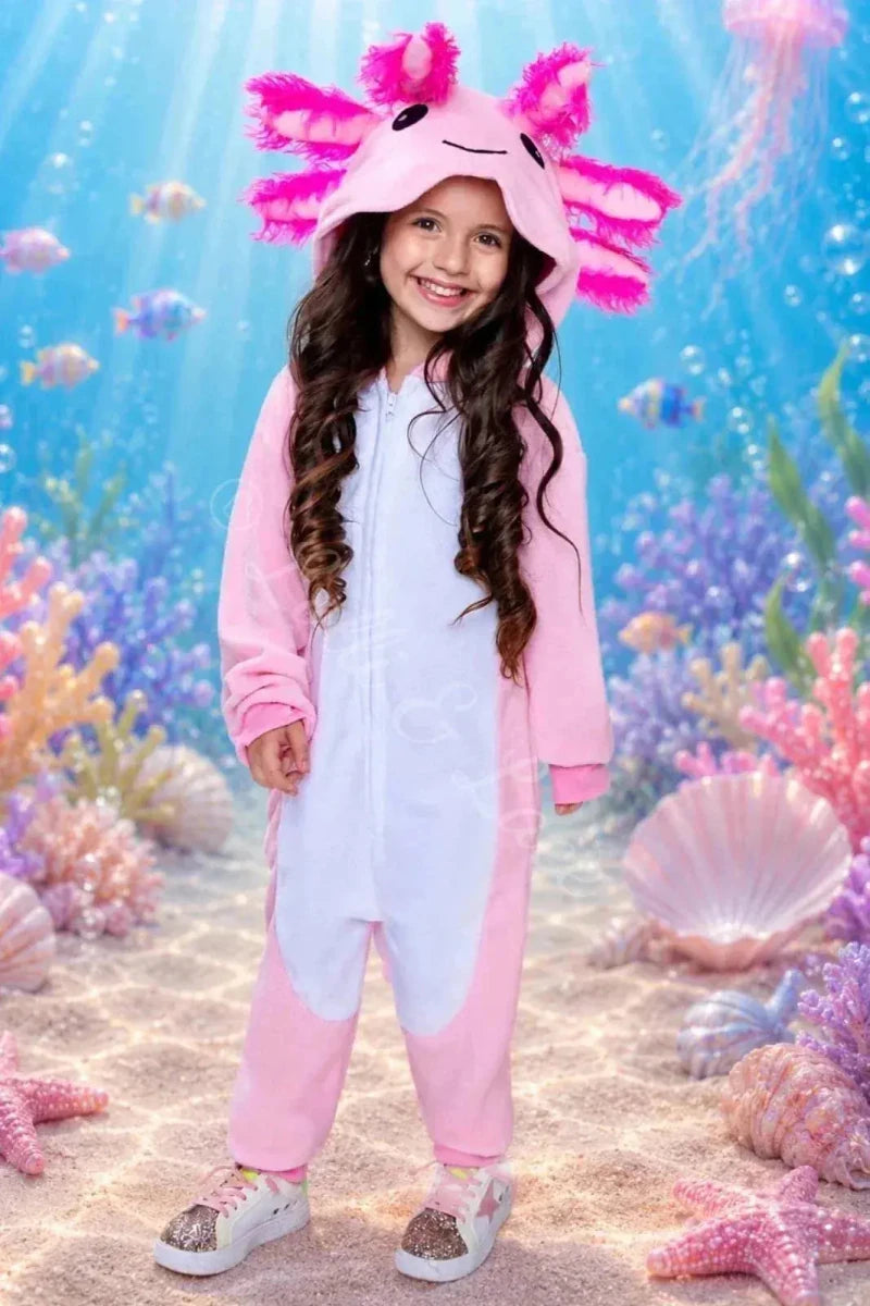 Pink Axolotl Hooded Costume for Kids & Adults – Cozy Animal Onesie Halloween Outfit