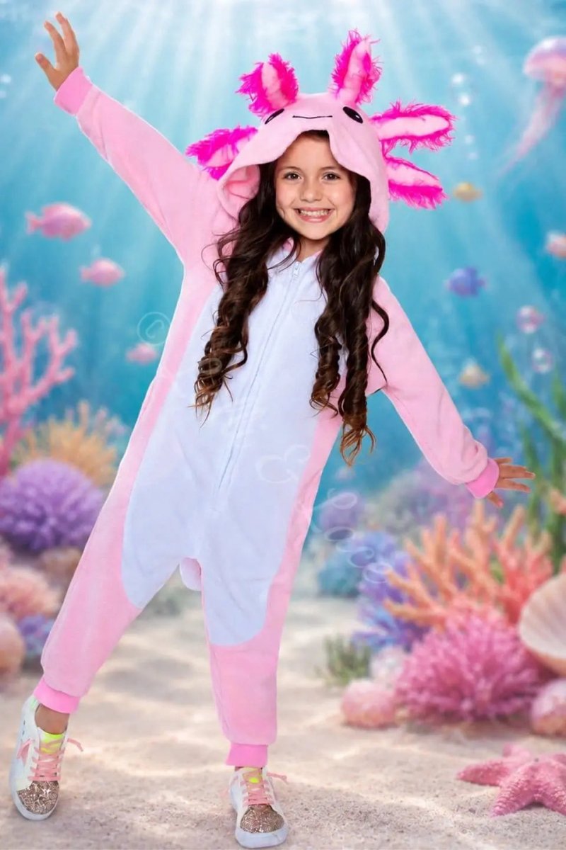 Pink Axolotl Hooded Costume for Kids & Adults – Cozy Animal Onesie Halloween Outfit